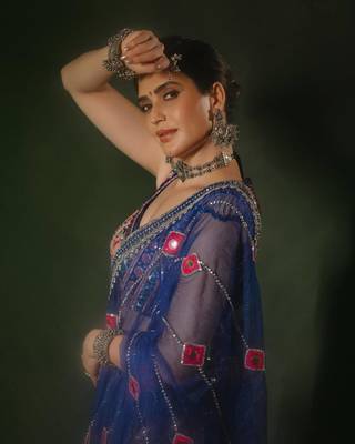 Navy Blue Color Beautiful digital print & Real mirror work Cotton Navratri Blend Lahenga Choli Set 5