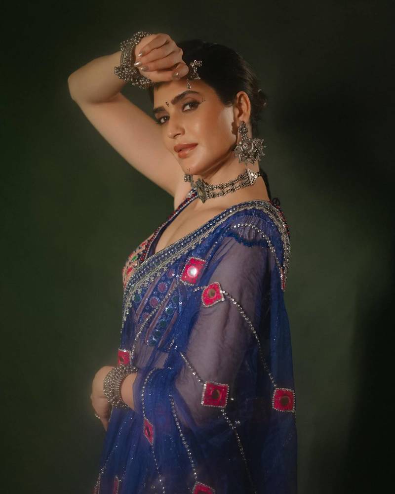 Navy Blue Color Beautiful digital print & Real mirror work Cotton Navratri Blend Lahenga Choli Set