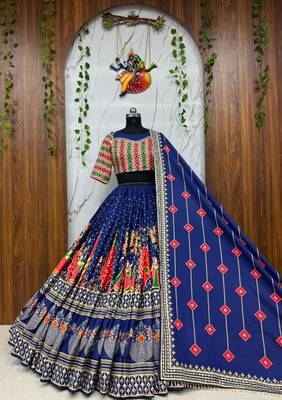 Navy Blue Color Beautiful digital print & Real mirror work Cotton Navratri Blend Lahenga Choli Set 1
