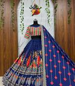 Navy Blue Color Beautiful digital print & Real mirror work Cotton Navratri Blend Lahenga Choli Set