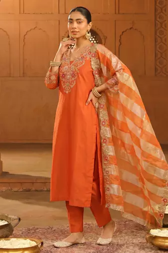Embroidery Silk Blend Fabric Straight Kurta Pant and Dupatta Set