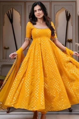 Yellwo chanderi silk  party wear embroidery anarkali suit set