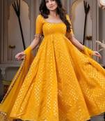 Yellwo chanderi silk  party wear embroidery anarkali suit set