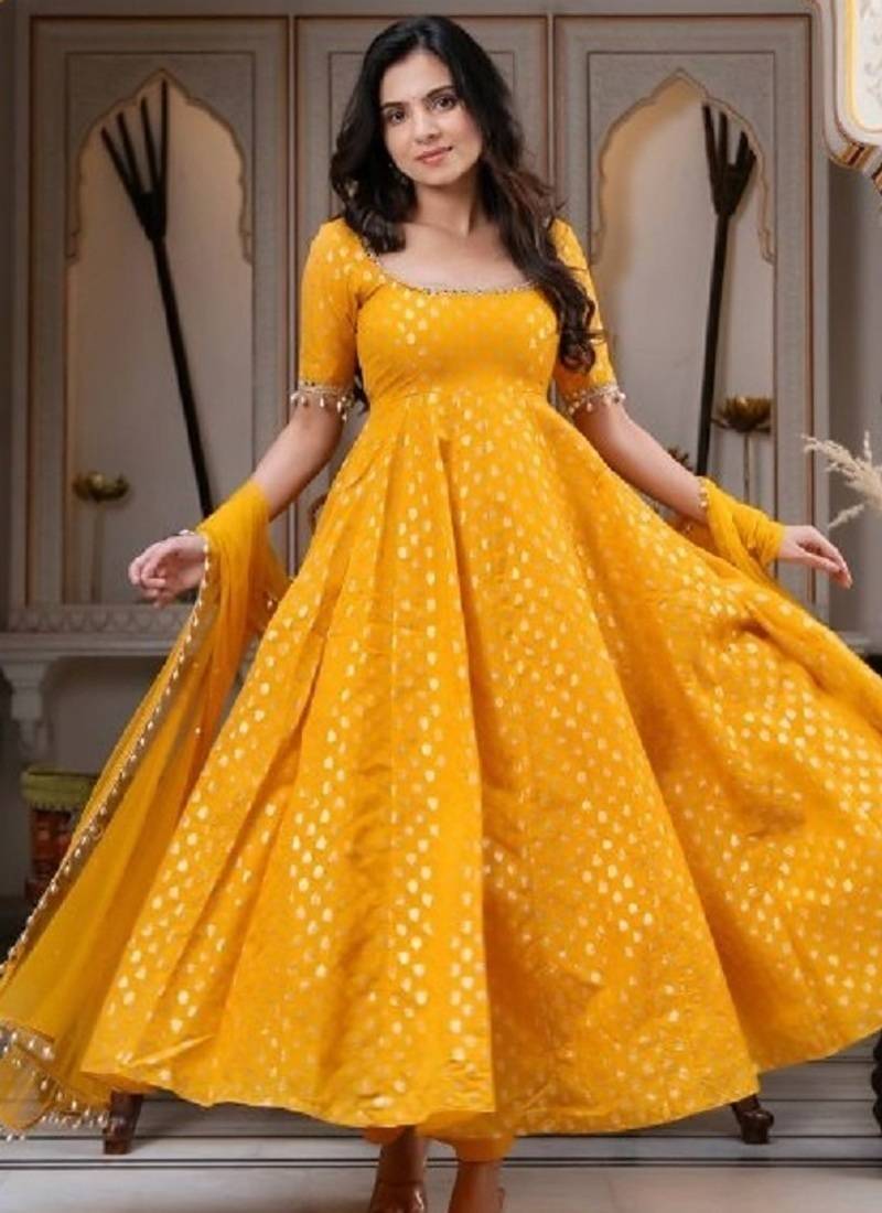 Yellwo chanderi silk  party wear embroidery anarkali suit set
