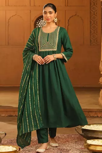 Women's Beautiful Embroidery Work Viscose Silk Fabric Flared Kurta Pant and Dupatta Set