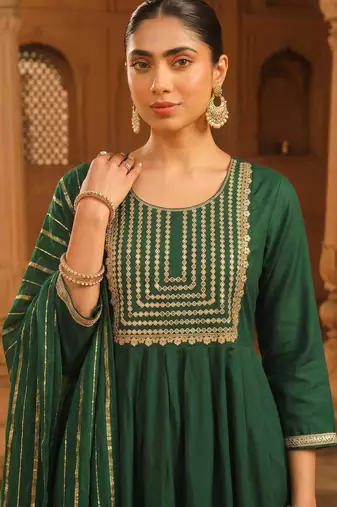 Women's Beautiful Embroidery Work Viscose Silk Fabric Flared Kurta Pant and Dupatta Set