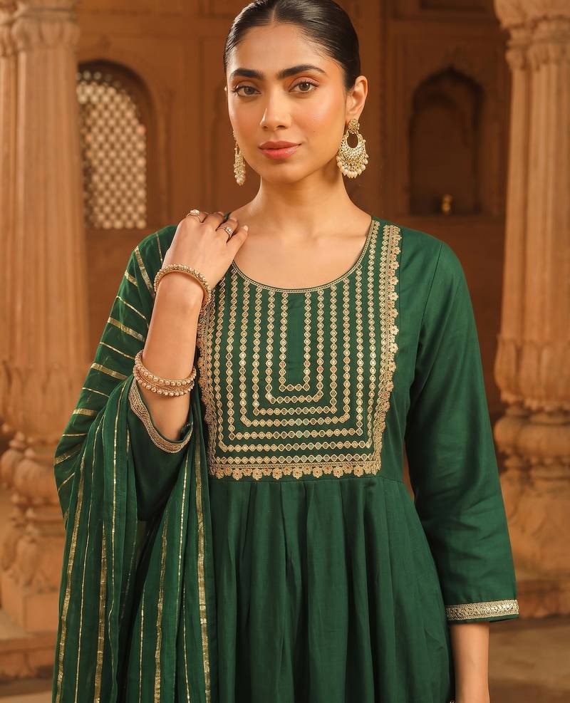 Women's Beautiful Embroidery Work Viscose Silk Fabric Flared Kurta Pant and Dupatta Set
