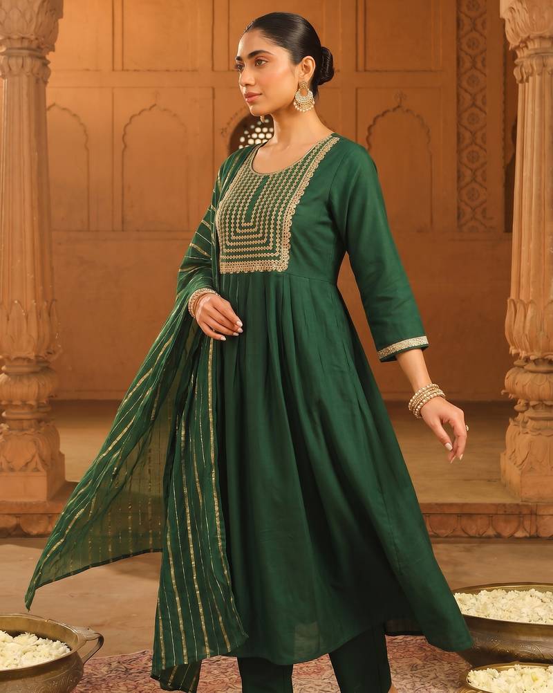 Women's Beautiful Embroidery Work Viscose Silk Fabric Flared Kurta Pant and Dupatta Set