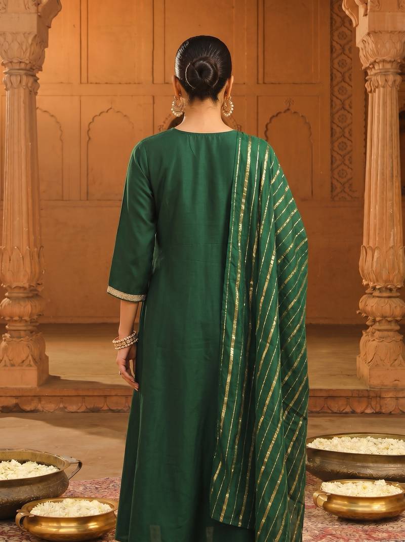 Women's Beautiful Embroidery Work Viscose Silk Fabric Flared Kurta Pant and Dupatta Set