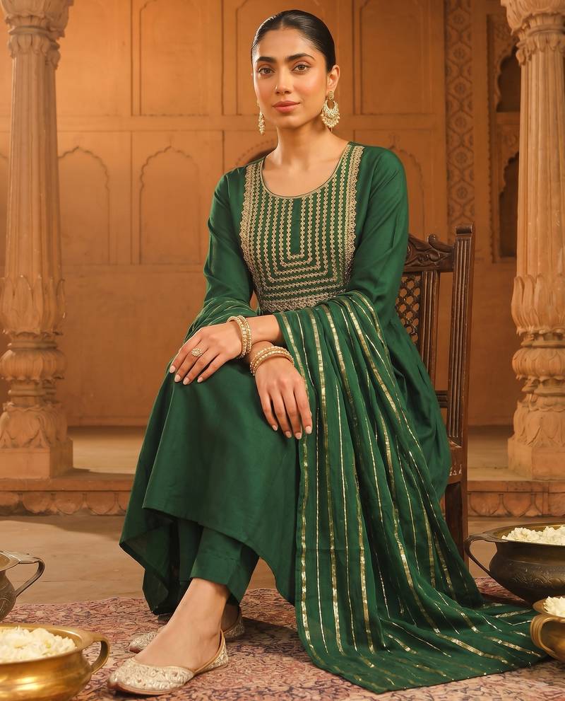 Women's Beautiful Embroidery Work Viscose Silk Fabric Flared Kurta Pant and Dupatta Set