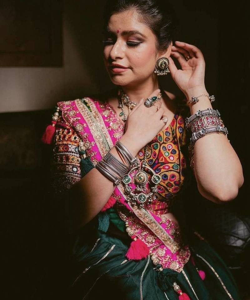 Dark Green Beautiful digital print & MIRROR With Gota Patta Cotton Lahenga Choli Set
