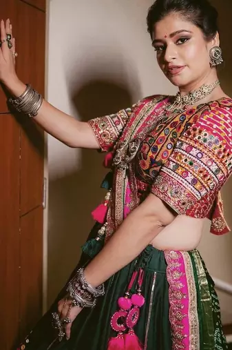 Dark Green Beautiful digital print & MIRROR With Gota Patta Cotton Lahenga Choli Set