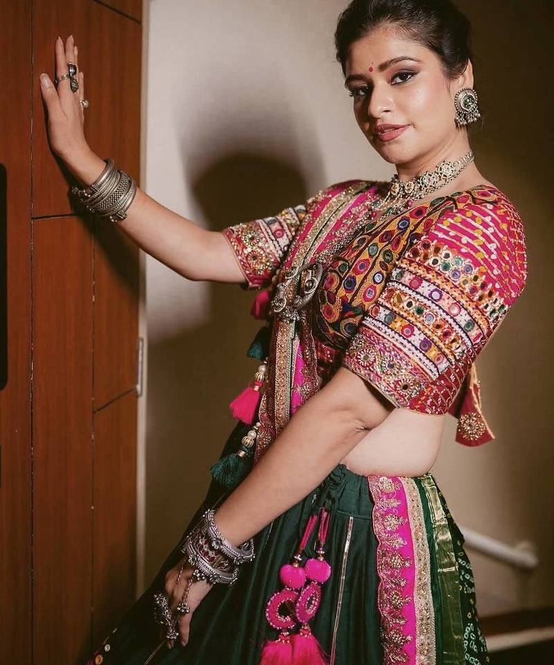 Dark Green Beautiful digital print & MIRROR With Gota Patta Cotton Lahenga Choli Set