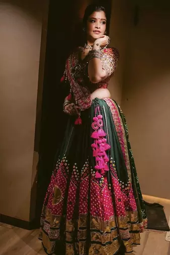 Dark Green Beautiful digital print & MIRROR With Gota Patta Cotton Lahenga Choli Set