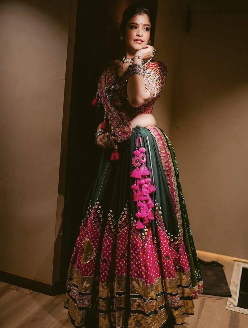 Dark Green Beautiful digital print & MIRROR With Gota Patta Cotton Lahenga Choli Set