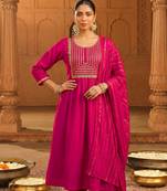 Embroidery Viscose Silk Fabric Flared Kurta Pant and Dupatta Set