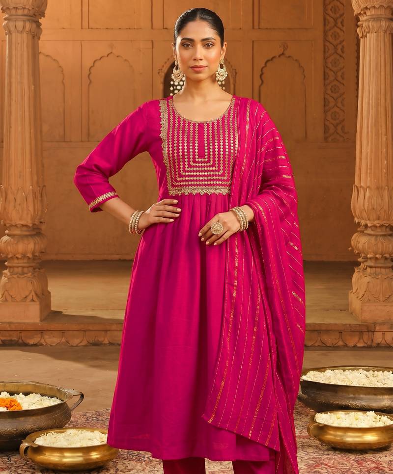 Embroidery Viscose Silk Fabric Flared Kurta Pant and Dupatta Set