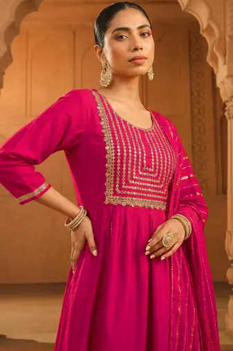 Embroidery Viscose Silk Fabric Flared Kurta Pant and Dupatta Set