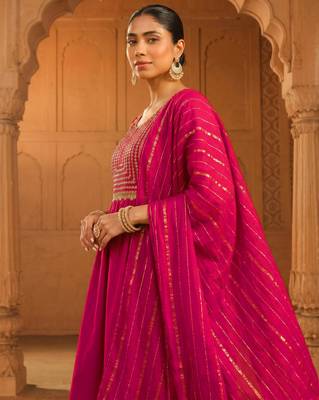 Embroidery Viscose Silk Fabric Flared Kurta Pant and Dupatta Set 3