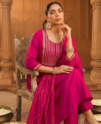 Embroidery Viscose Silk Fabric Flared Kurta Pant and Dupatta Set 4