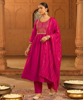 Embroidery Viscose Silk Fabric Flared Kurta Pant and Dupatta Set 5