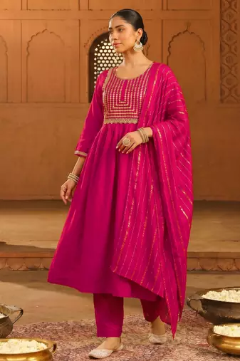 Embroidery Viscose Silk Fabric Flared Kurta Pant and Dupatta Set