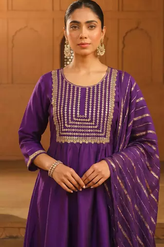 Embroidery Viscose Silk Fabric Flared Kurta Pant and Dupatta Set