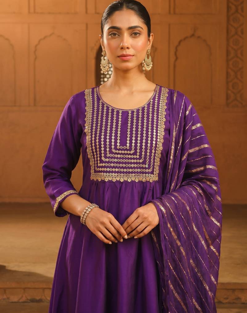 Embroidery Viscose Silk Fabric Flared Kurta Pant and Dupatta Set