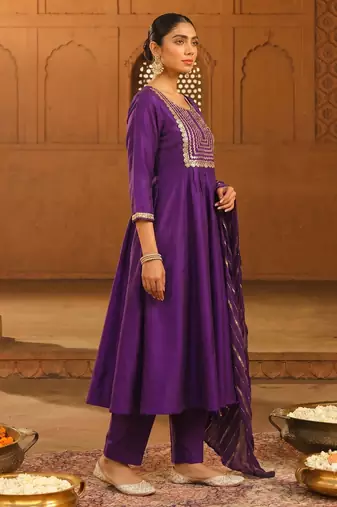 Embroidery Viscose Silk Fabric Flared Kurta Pant and Dupatta Set