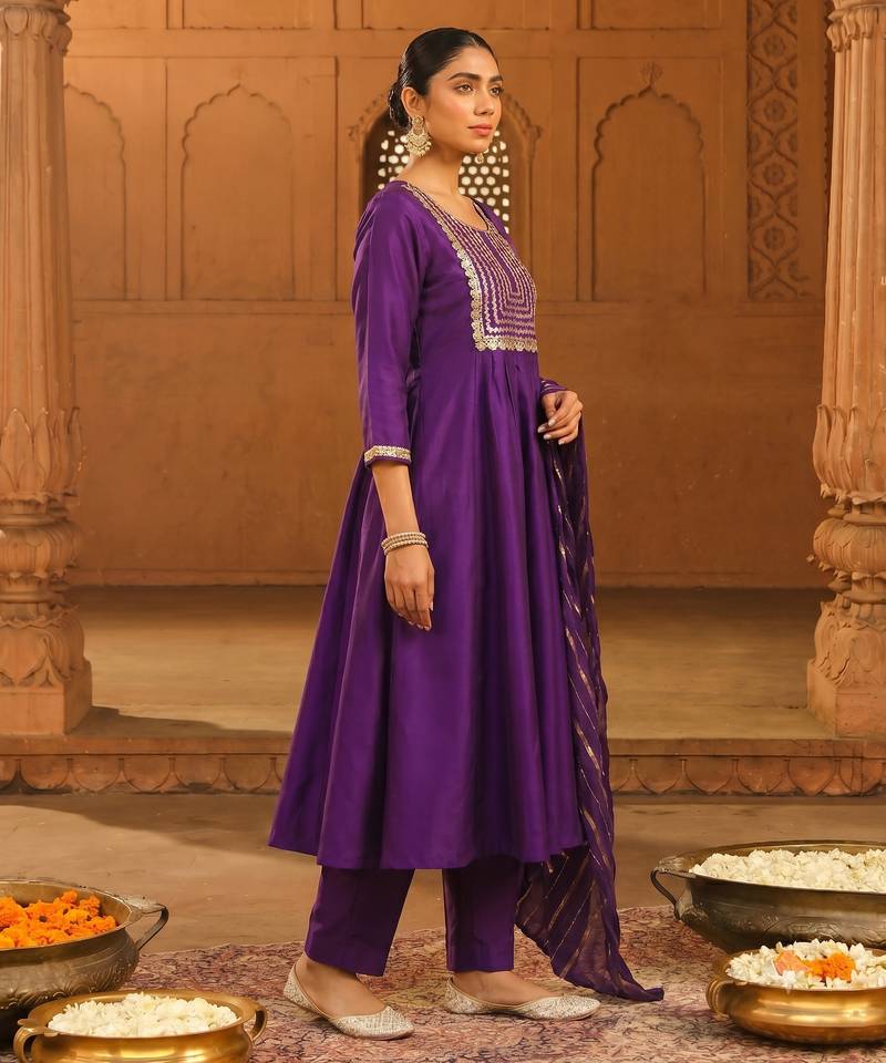 Embroidery Viscose Silk Fabric Flared Kurta Pant and Dupatta Set