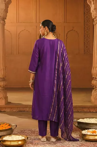 Embroidery Viscose Silk Fabric Flared Kurta Pant and Dupatta Set