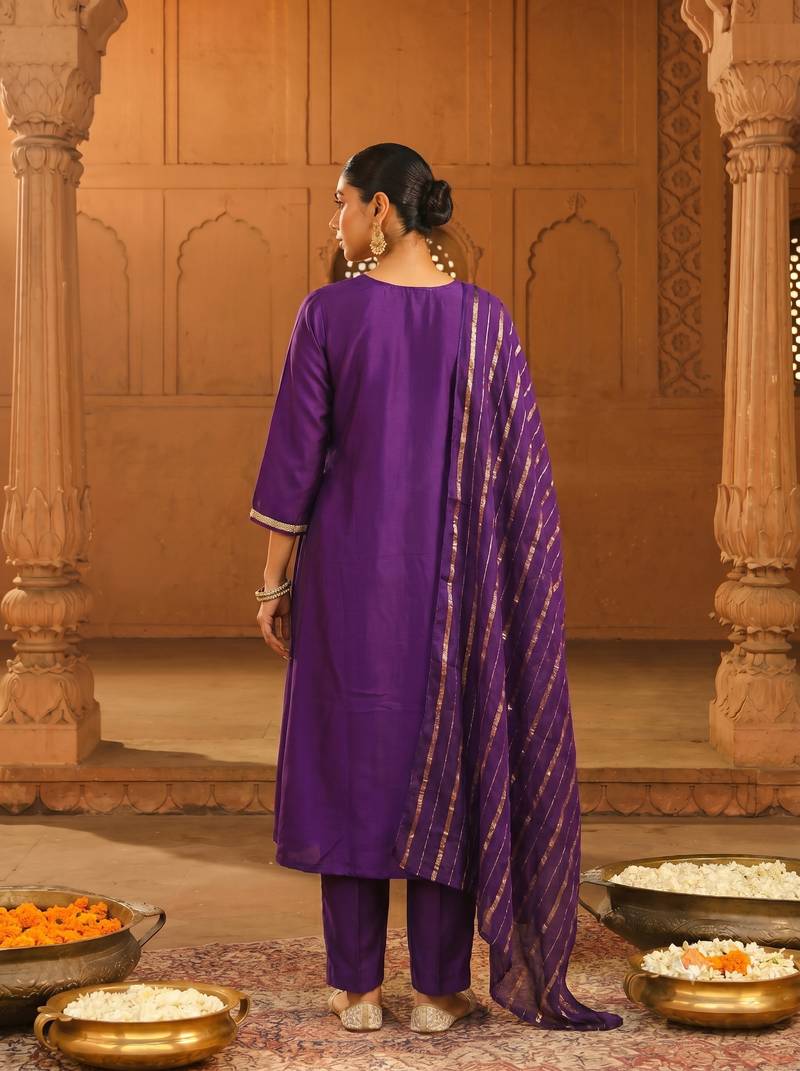 Embroidery Viscose Silk Fabric Flared Kurta Pant and Dupatta Set