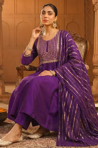 Embroidery Viscose Silk Fabric Flared Kurta Pant and Dupatta Set