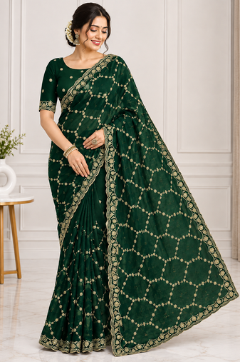 green color Sequins With Zari Thread Embroidery work with cutwork Border Chiffon saree