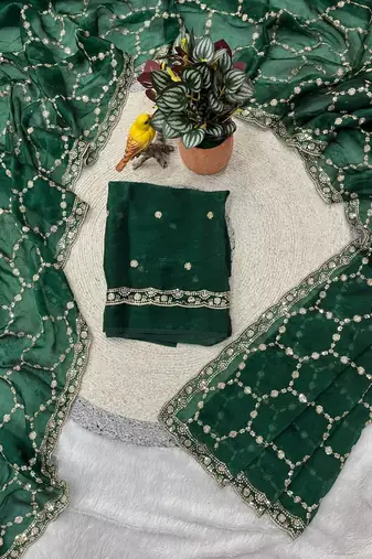 green color Sequins With Zari Thread Embroidery work with cutwork Border Chiffon saree
