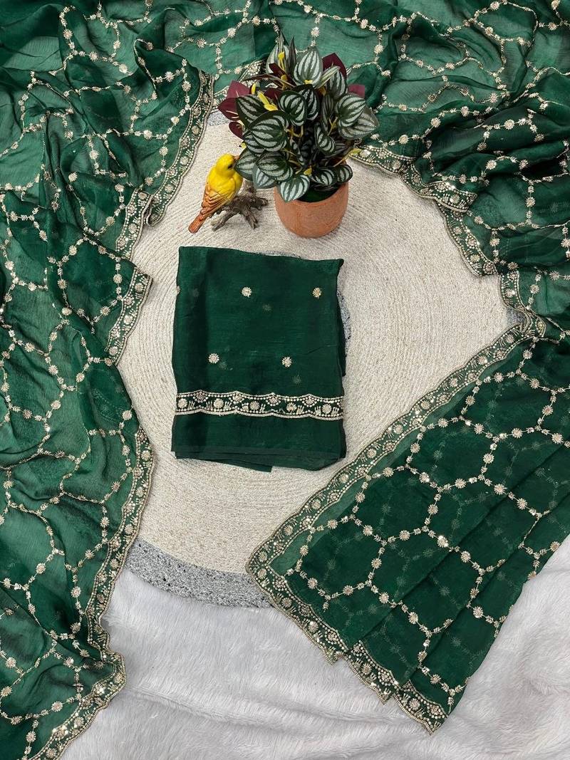 green color Sequins With Zari Thread Embroidery work with cutwork Border Chiffon saree
