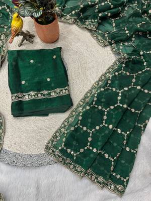 green color Sequins With Zari Thread Embroidery work with cutwork Border Chiffon saree 3