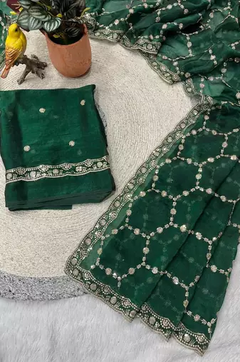 green color Sequins With Zari Thread Embroidery work with cutwork Border Chiffon saree