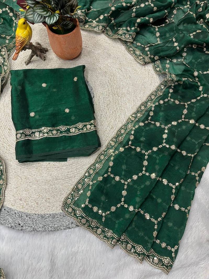 green color Sequins With Zari Thread Embroidery work with cutwork Border Chiffon saree