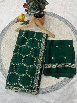 green color Sequins With Zari Thread Embroidery work with cutwork Border Chiffon saree 4
