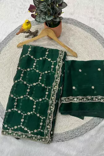 green color Sequins With Zari Thread Embroidery work with cutwork Border Chiffon saree