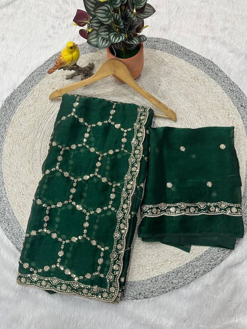 green color Sequins With Zari Thread Embroidery work with cutwork Border Chiffon saree