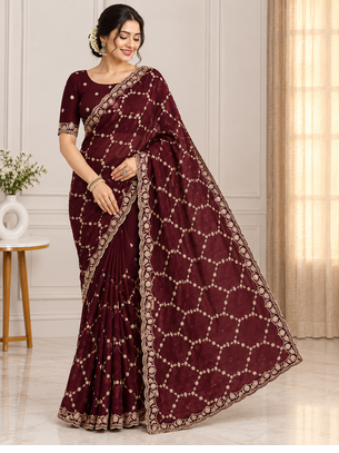 maroon color Sequins With Zari Thread Embroidery work with cutwork Border Chiffon saree 1