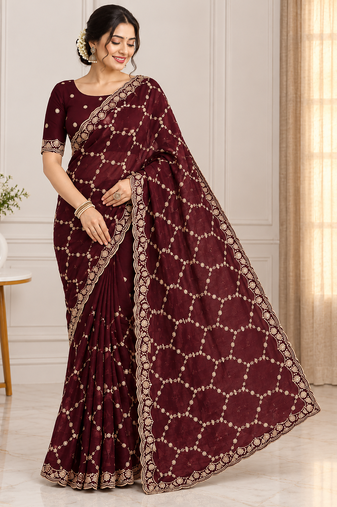 maroon color Sequins With Zari Thread Embroidery work with cutwork Border Chiffon saree
