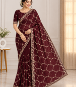 maroon color Sequins With Zari Thread Embroidery work with cutwork Border Chiffon saree
