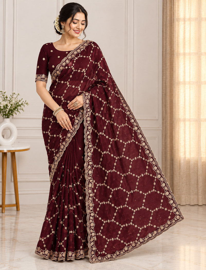 maroon color Sequins With Zari Thread Embroidery work with cutwork Border Chiffon saree