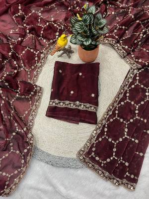 maroon color Sequins With Zari Thread Embroidery work with cutwork Border Chiffon saree 2