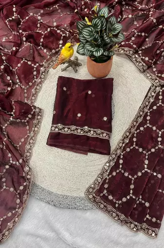 maroon color Sequins With Zari Thread Embroidery work with cutwork Border Chiffon saree