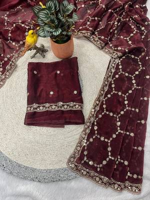 maroon color Sequins With Zari Thread Embroidery work with cutwork Border Chiffon saree 3