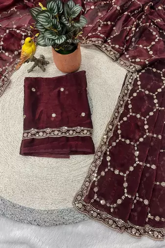 maroon color Sequins With Zari Thread Embroidery work with cutwork Border Chiffon saree